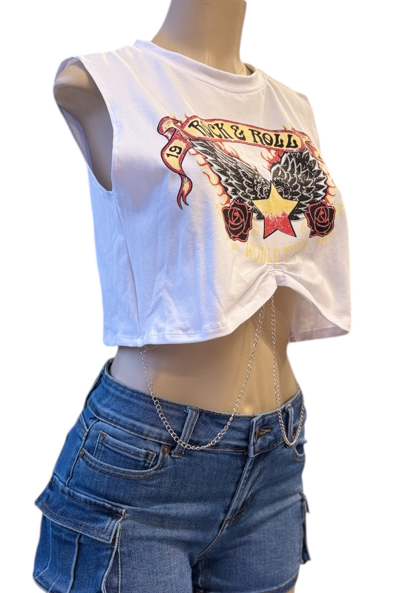 Rock 'n' Roll Graphic Cropped Sleeveless Tee with Chains  - White