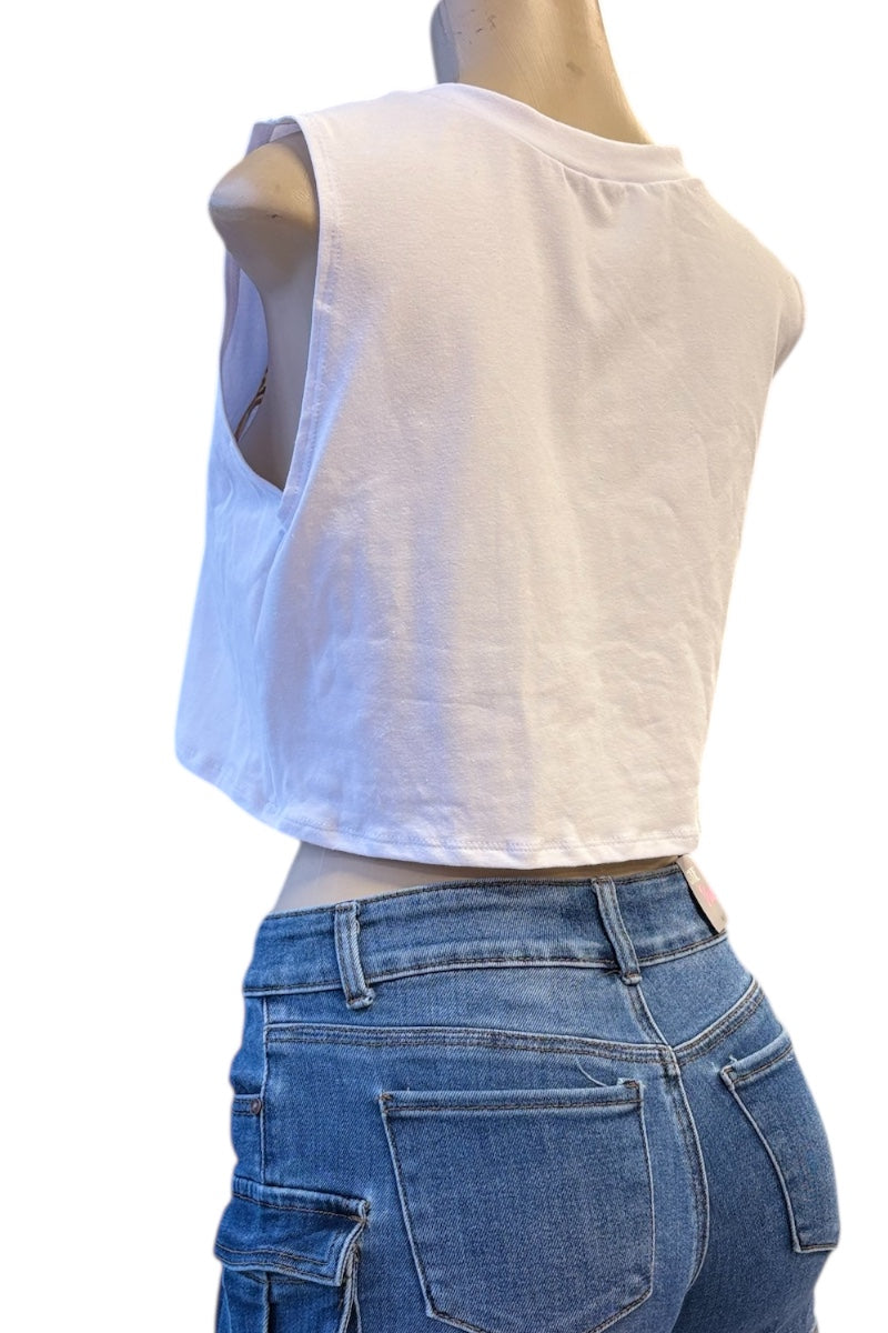Rock 'n' Roll Graphic Cropped Sleeveless Tee with Chains  - White