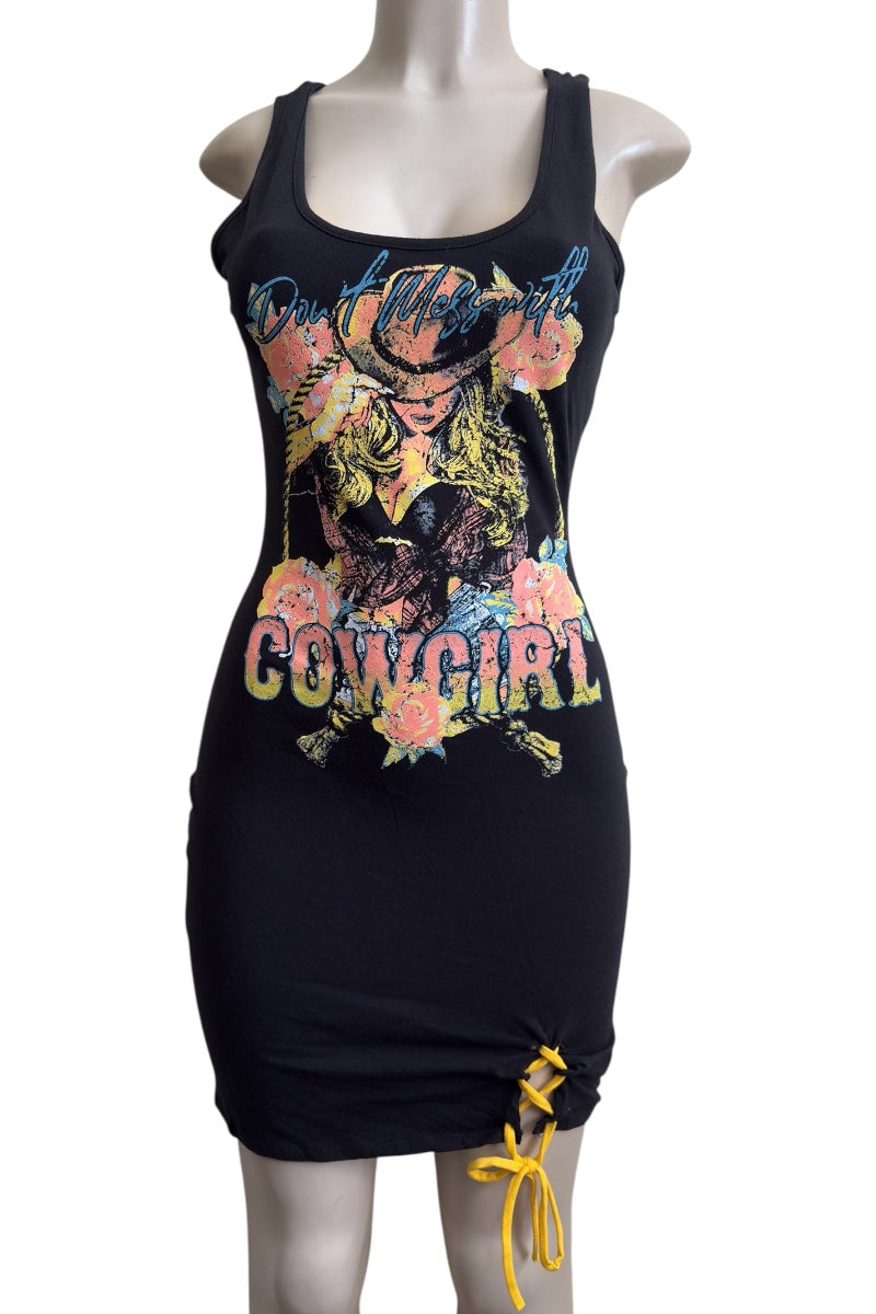 Black tank dress with a colorful 'Cowgirl' design on a mannequin against a white background