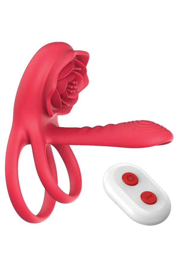 A red silicone intimate massager with a rose-shaped head and a separate white remote control with red buttons, shown on a plain white background.