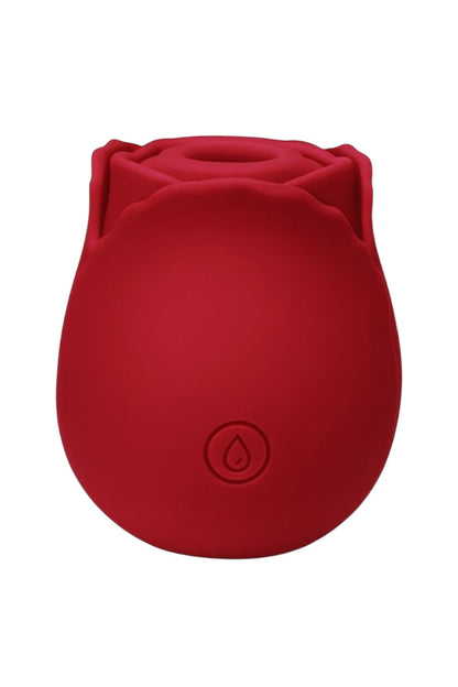 A red, rose-shaped rechargeable vibrator with a smooth surface and a button on the base.