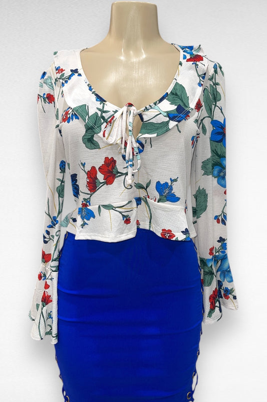 Ruffled Floral Print Long Sleeve Cropped Top