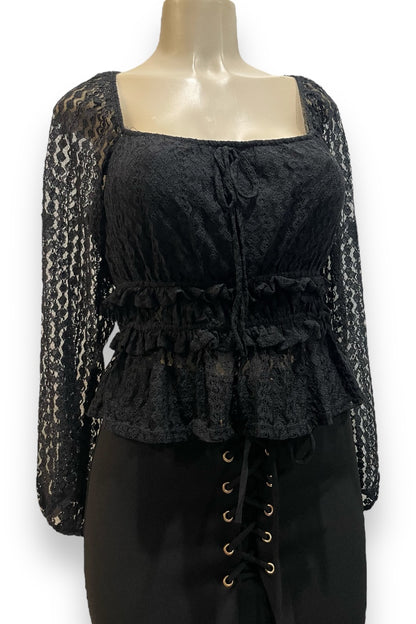 Ruffled Lace Square Neck Long Sleeve Top