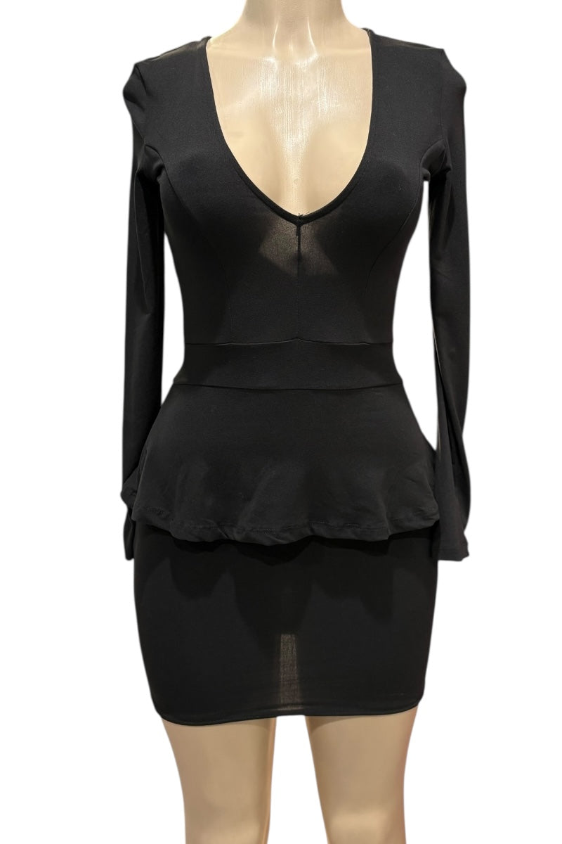 Black peplum dress on a mannequin against a white background
