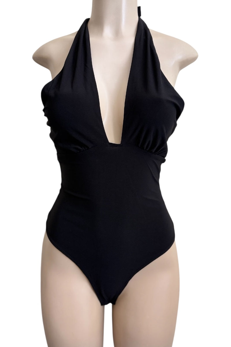 Black bodysuit on a mannequin against a white background
