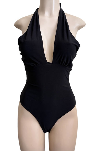 Black bodysuit on a mannequin against a white background