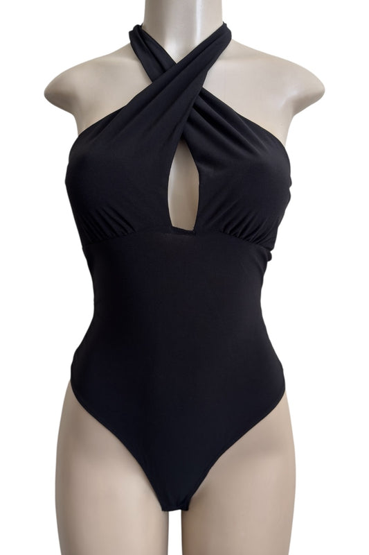 Black bodysuit on a mannequin against a white background