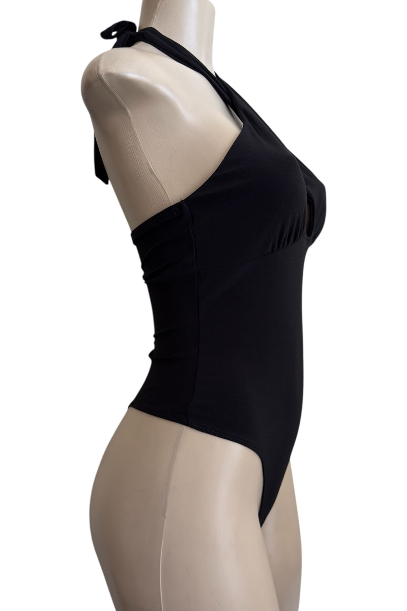 Black bodysuit on a mannequin against a white background