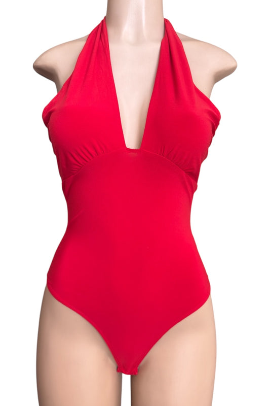 Red bodysuit on a mannequin against a white background