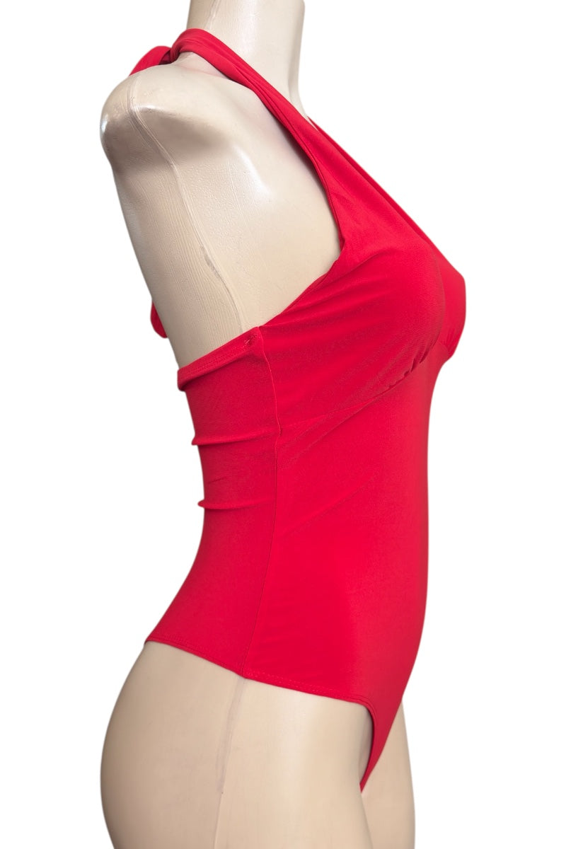 Red bodysuit on a mannequin against a white background