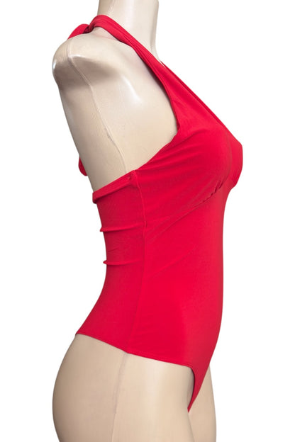 Red bodysuit on a mannequin against a white background