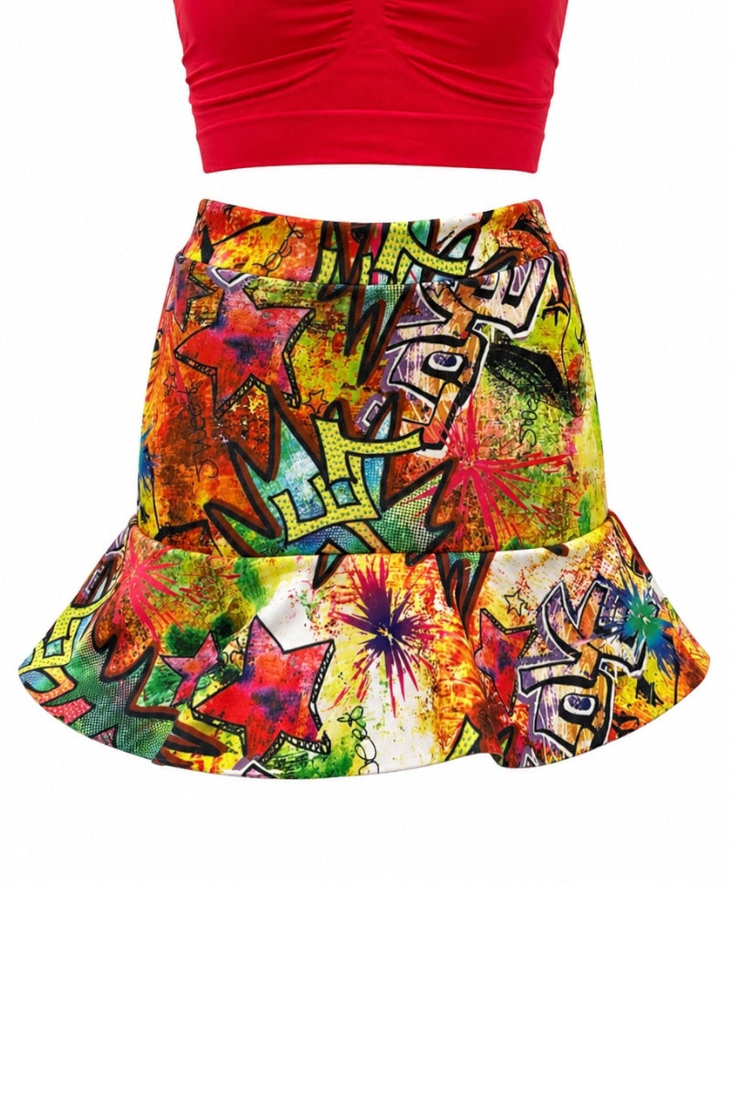 A colorful graffiti print flared mini skirt with a red ribbed crop top, shown on a white background.