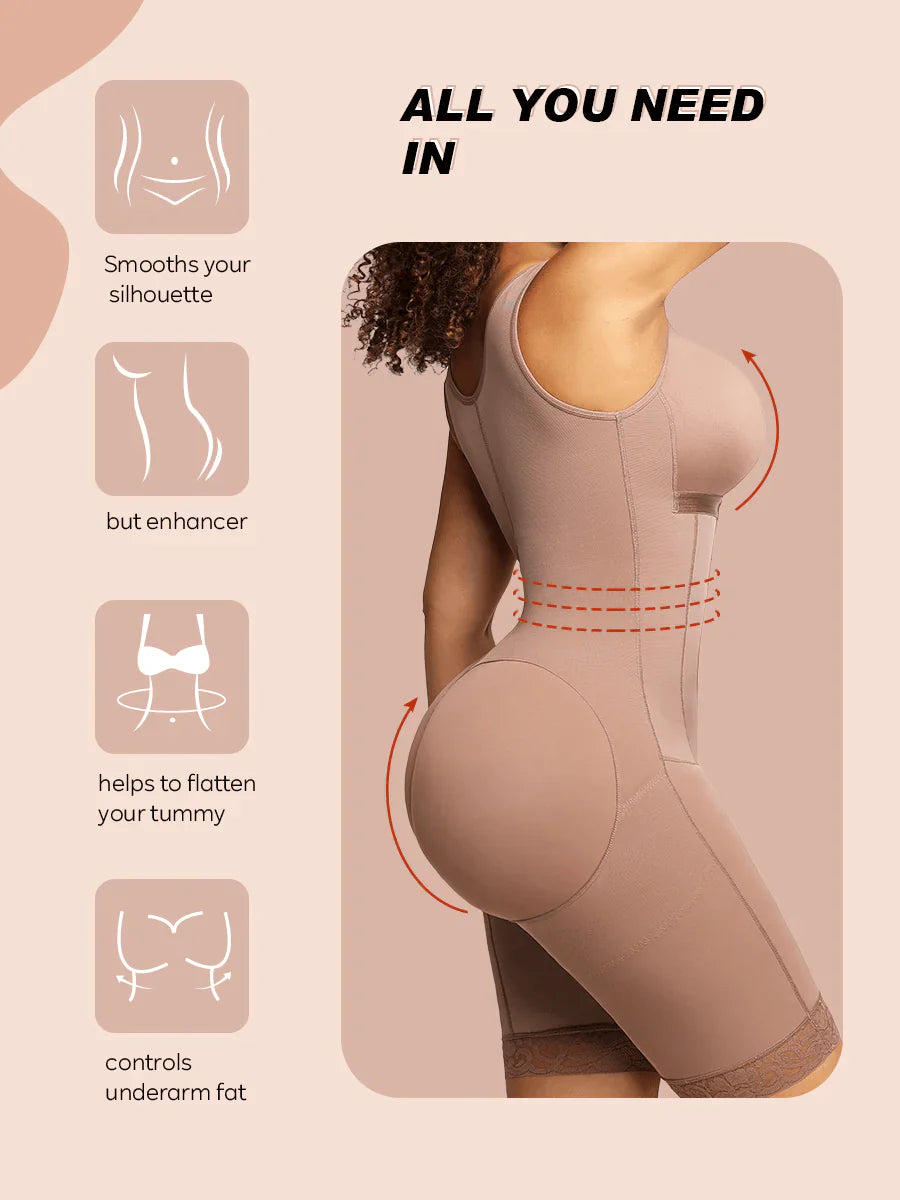 Body shaper with text highlighting its features on a beige background