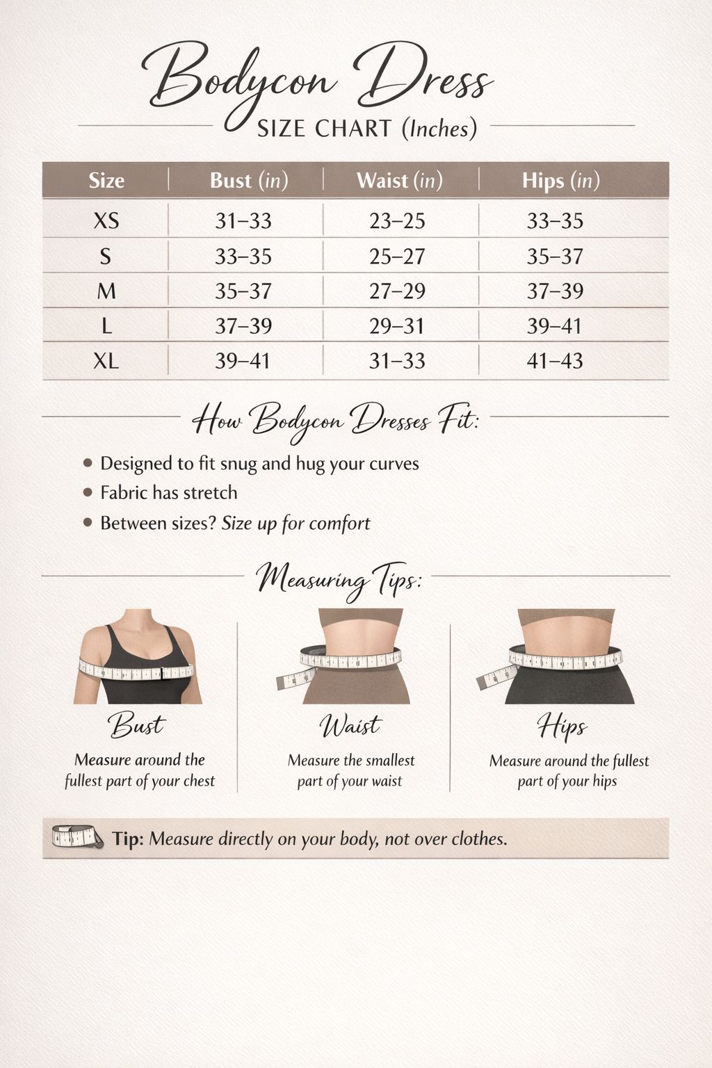 Bodycon dress size chart with measurements and fitting instructions on a white background