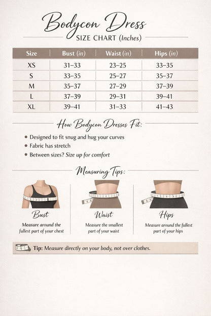 Bodycon dress size chart with measurements and fitting instructions on a white background