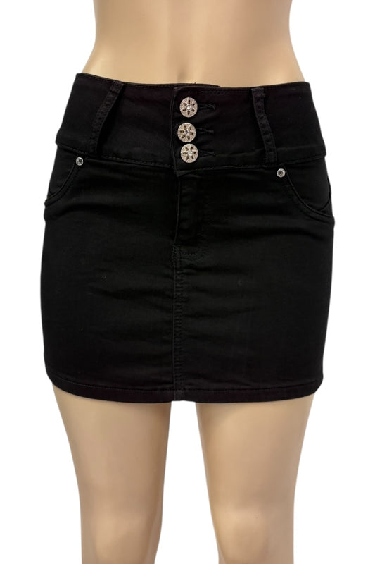 Black denim skirt with button details on a white background