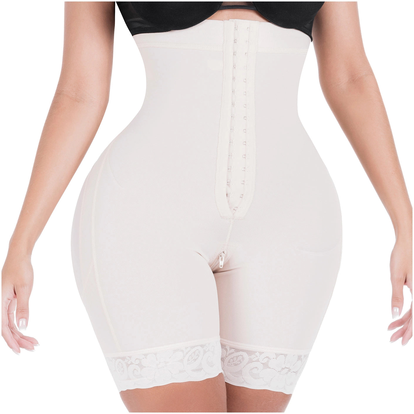 beige shapewear garment worn by a person on a white background