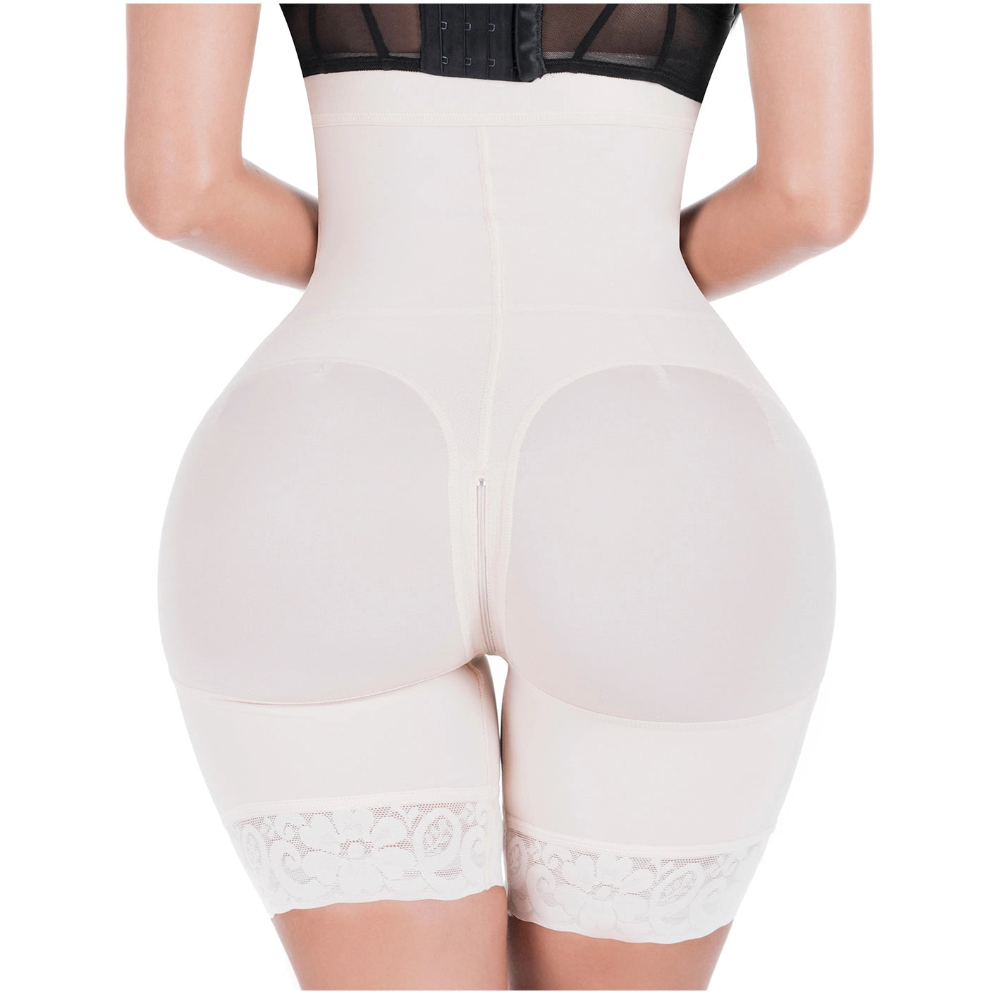beige shapewear with lace details on a white background