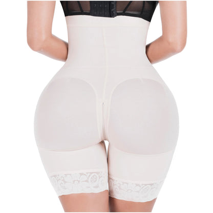beige shapewear with lace details on a white background