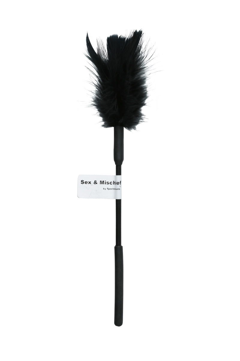 A black feather duster with a long black handle and a small white label that reads 'Sex & Mischief' on a plain white background.
