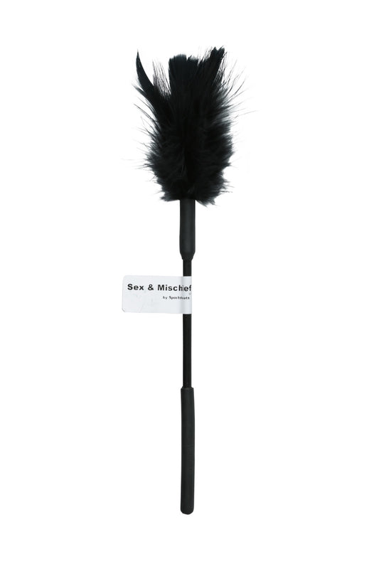 A black feather duster with a long black handle and a small white label that reads 'Sex & Mischief' on a plain white background.