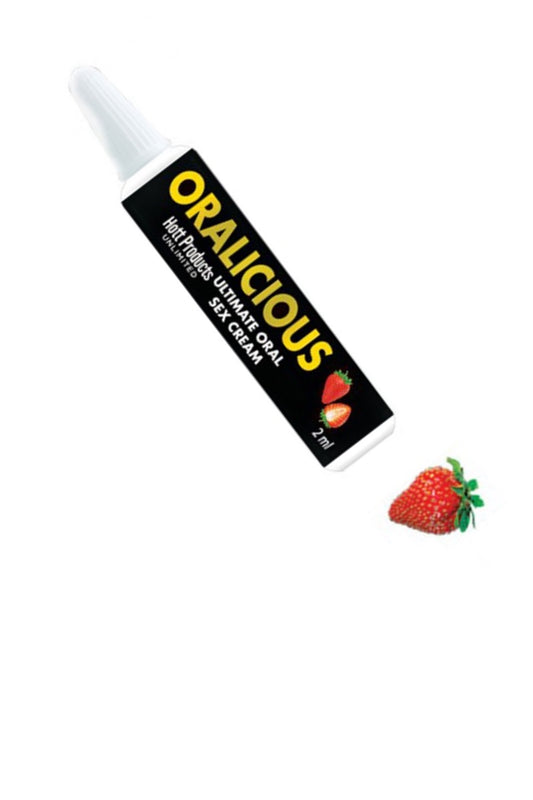 Tube of Oralicious oral cream with a strawberry on a white background