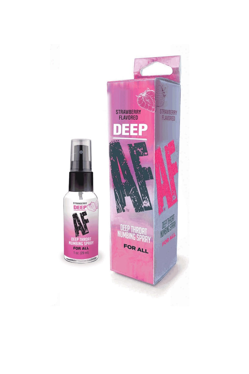 A bottle of Deep AF Strawberry Flavored Deep Immersion Spray next to its pink and purple packaging box on a white background.