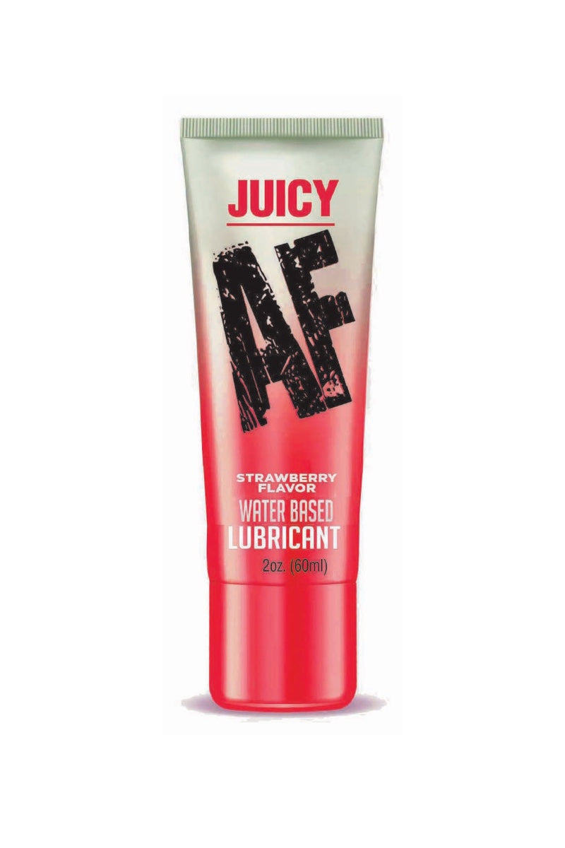 Juicy AF Water Based Lubricant in a red and white squeeze tube with black lettering, on a white background.