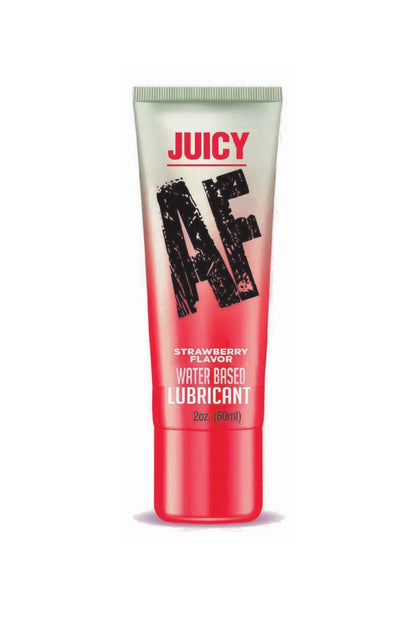 Juicy AF Water Based Lubricant in a red and white squeeze tube with black lettering, on a white background.