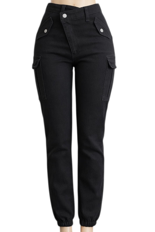 Black cargo pants on a white background