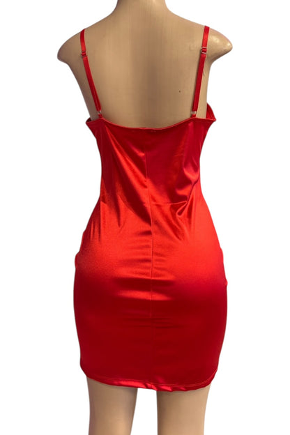 Red satin dress on a mannequin with a white background