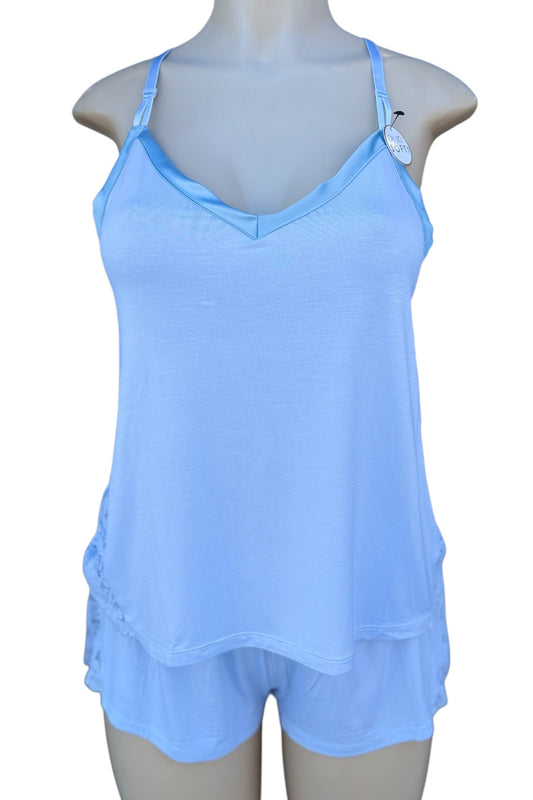 Light blue tank top and shorts set on a mannequin against a white background
