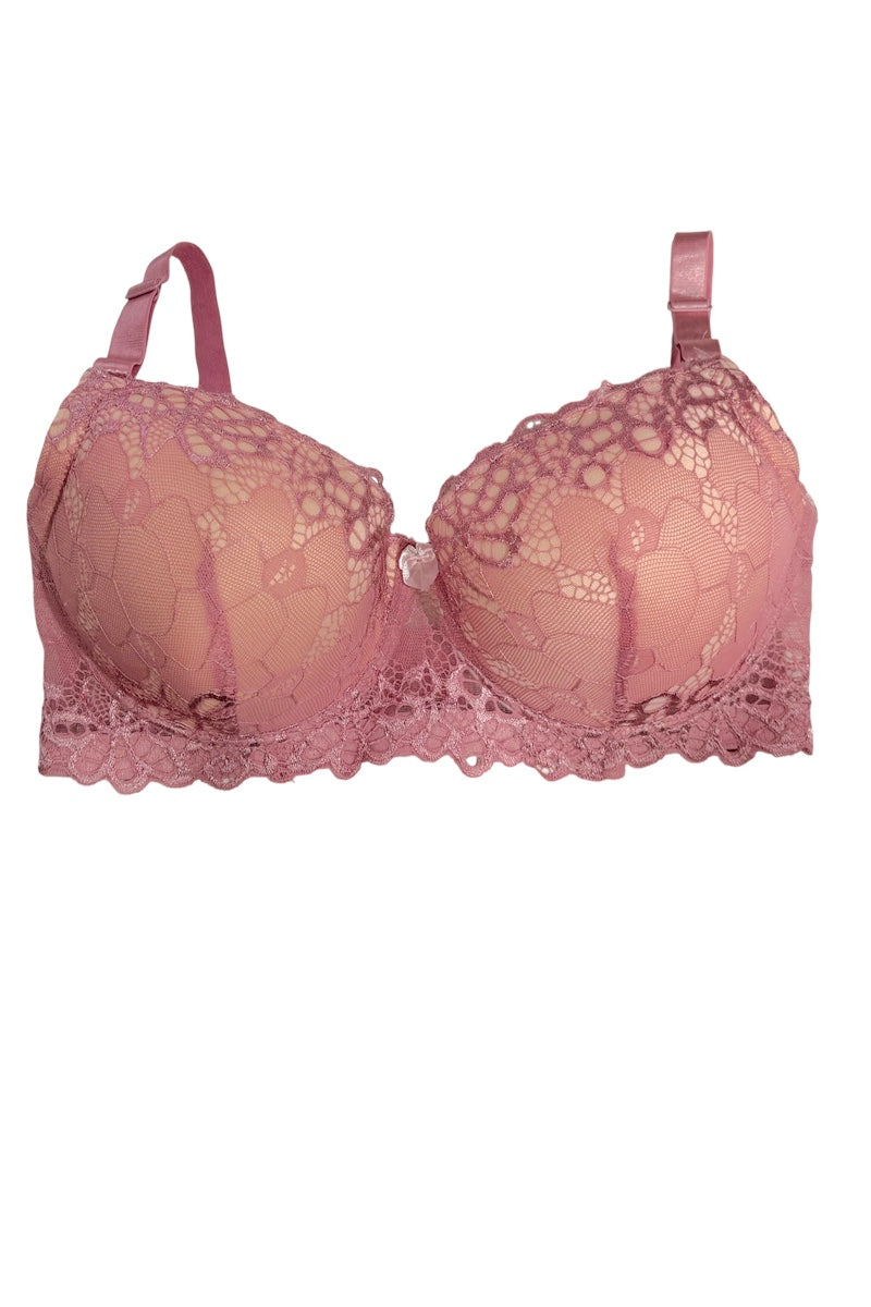 A dusty rose pink lace underwire bra with scalloped edges and adjustable shoulder straps, shown against a plain white background.