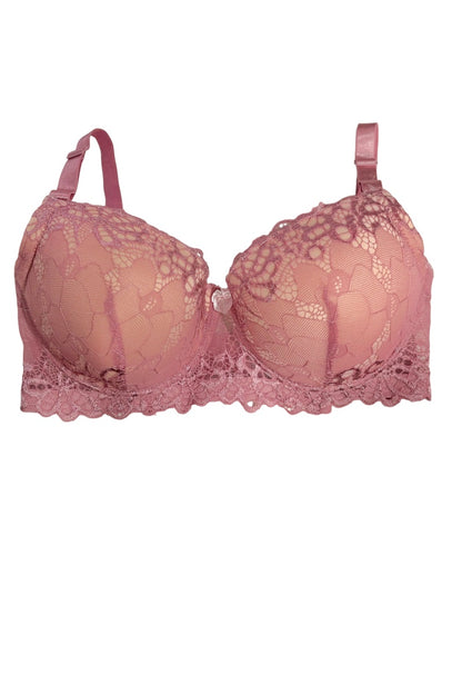 A dusty rose pink lace underwire bra with scalloped edges and adjustable shoulder straps, shown against a plain white background.
