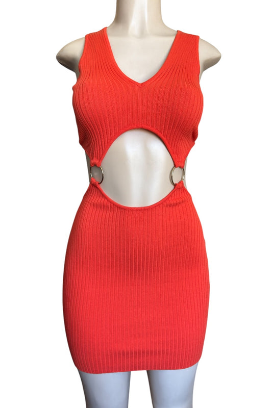 Neon Orange ribbed dress with cutout design on a mannequin against a white background