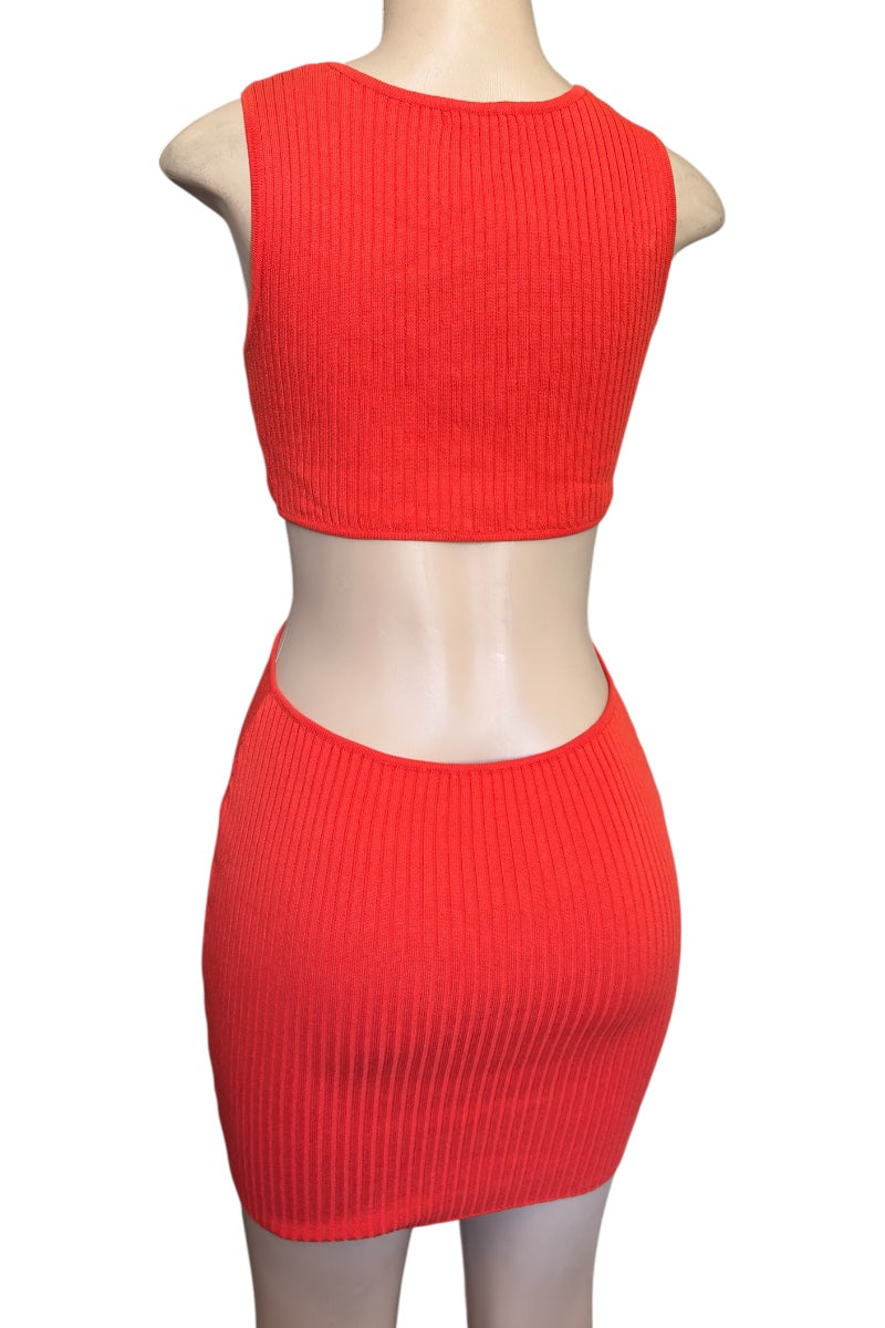 Neon Orange ribbed crop top and skirt set on a mannequin against a white background