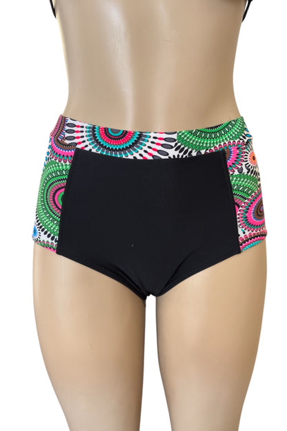 Black high-waisted bikini bottom with colorful patterned waistband on a mannequin.