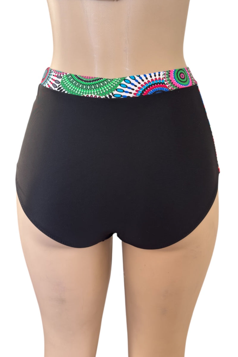Black high-waisted swimsuit with colorful patterned waistband on a white background