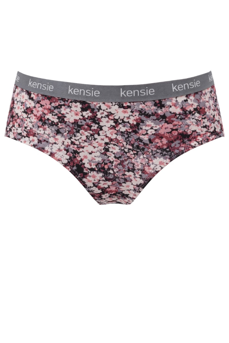 Floral-patterned underwear with 'kensie' branding on a white background