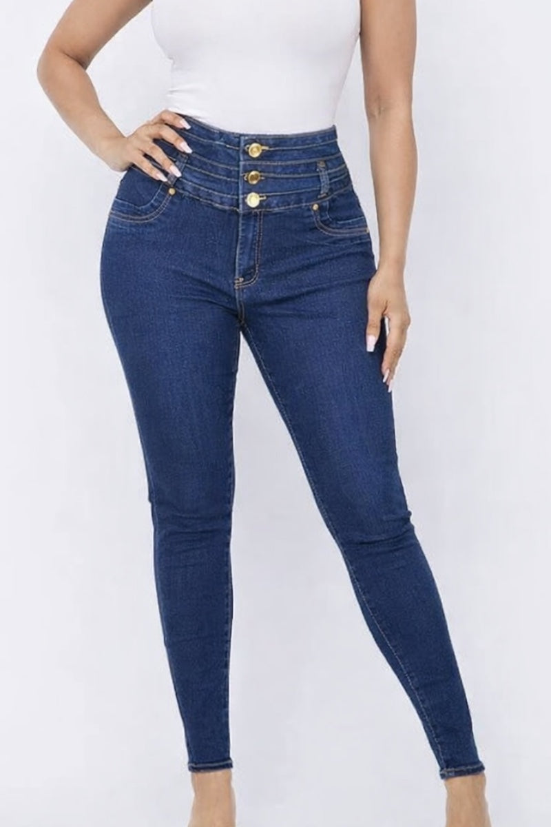 Blue jeans worn by a person on a white background