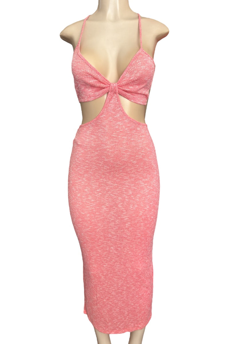 Pink dress with cut-out design on a white background