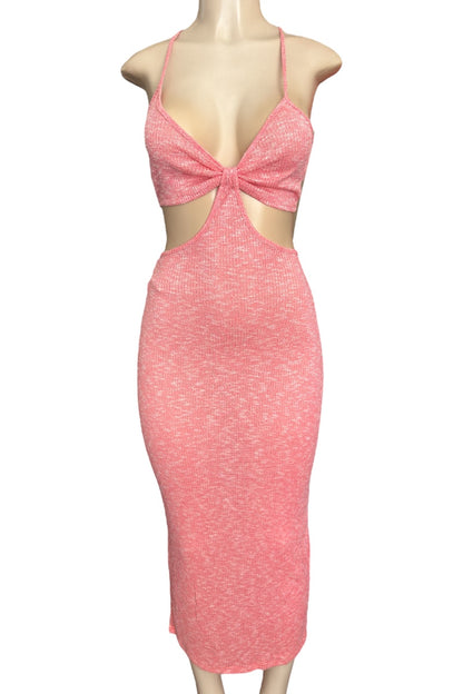 Pink dress with cut-out design on a white background