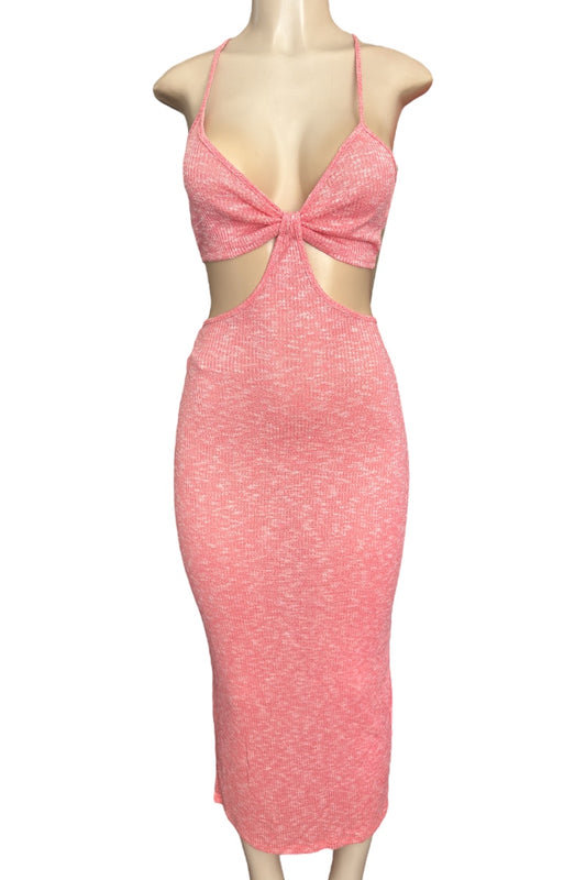 Pink dress with cut-out design on a white background
