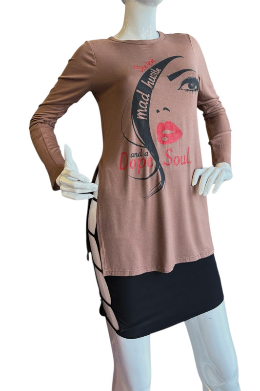Mannequin wearing a long-sleeve top with a graphic design on a white background