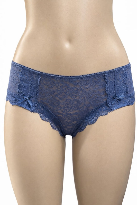 Blue lace underwear on a mannequin against a white background