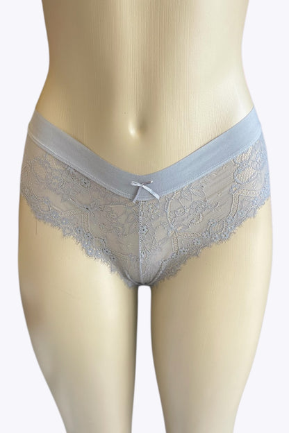 Grey lace underwear on a mannequin against a white background