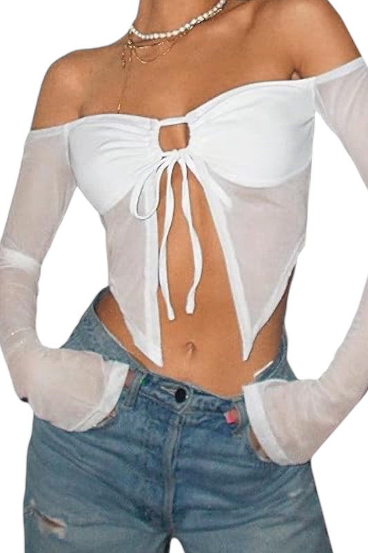 White sheer top with long sleeves and blue jeans on a white background