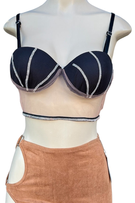 Black bra top with white rhinestones on a mannequin