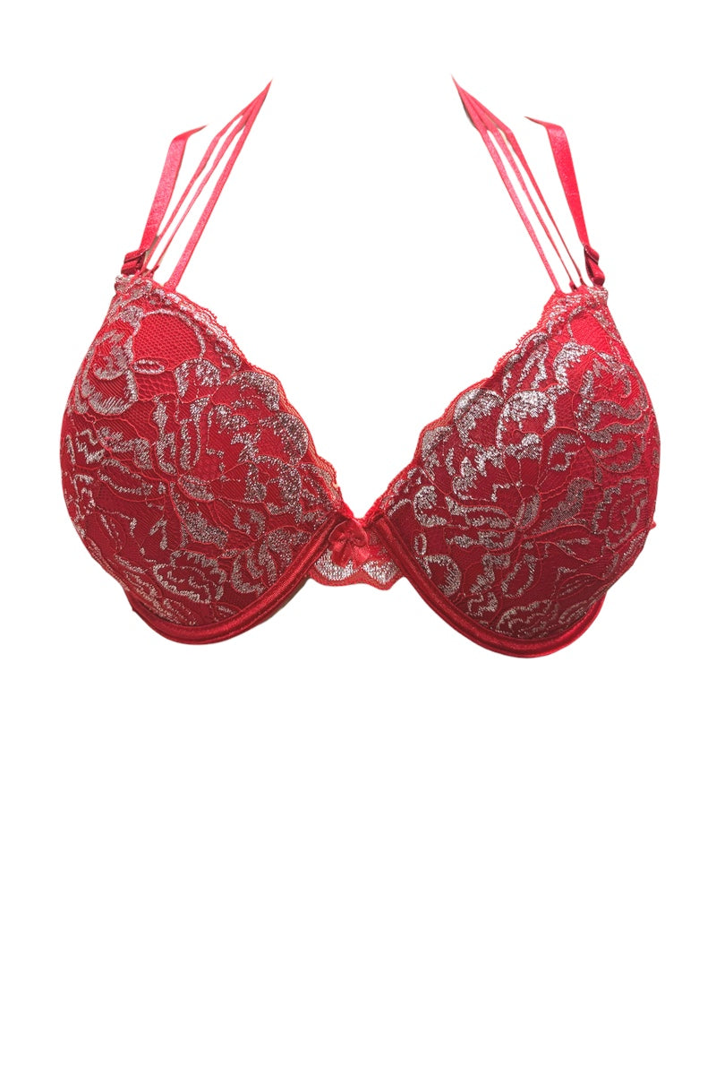 Red lace bra with silver floral embroidery and thin adjustable shoulder straps, shown against a plain white background.