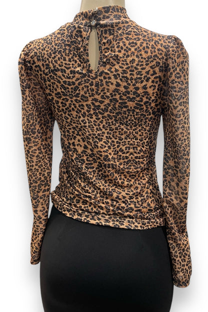 Shiny Leopard Print Mesh Long Sleeve Top